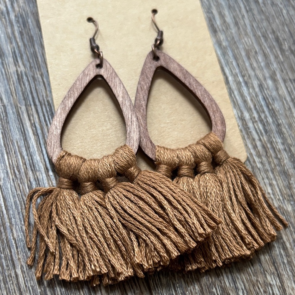Boho Brown Tassel Wooden Earrings - Picture 2 of 5